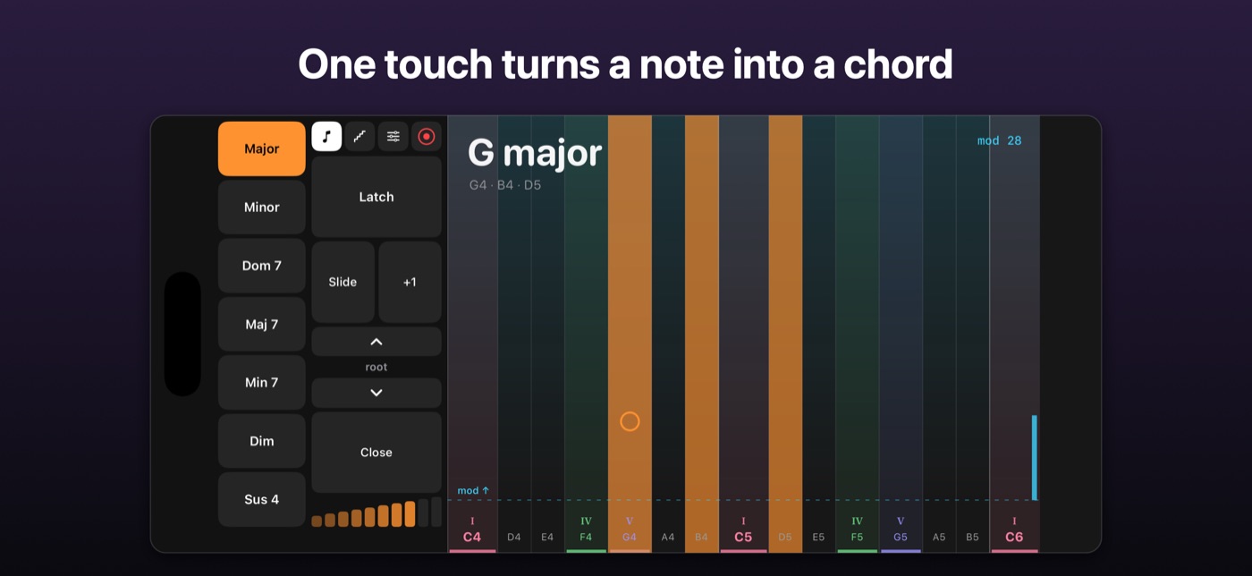 Tonami on iPhone, playing a G major chord